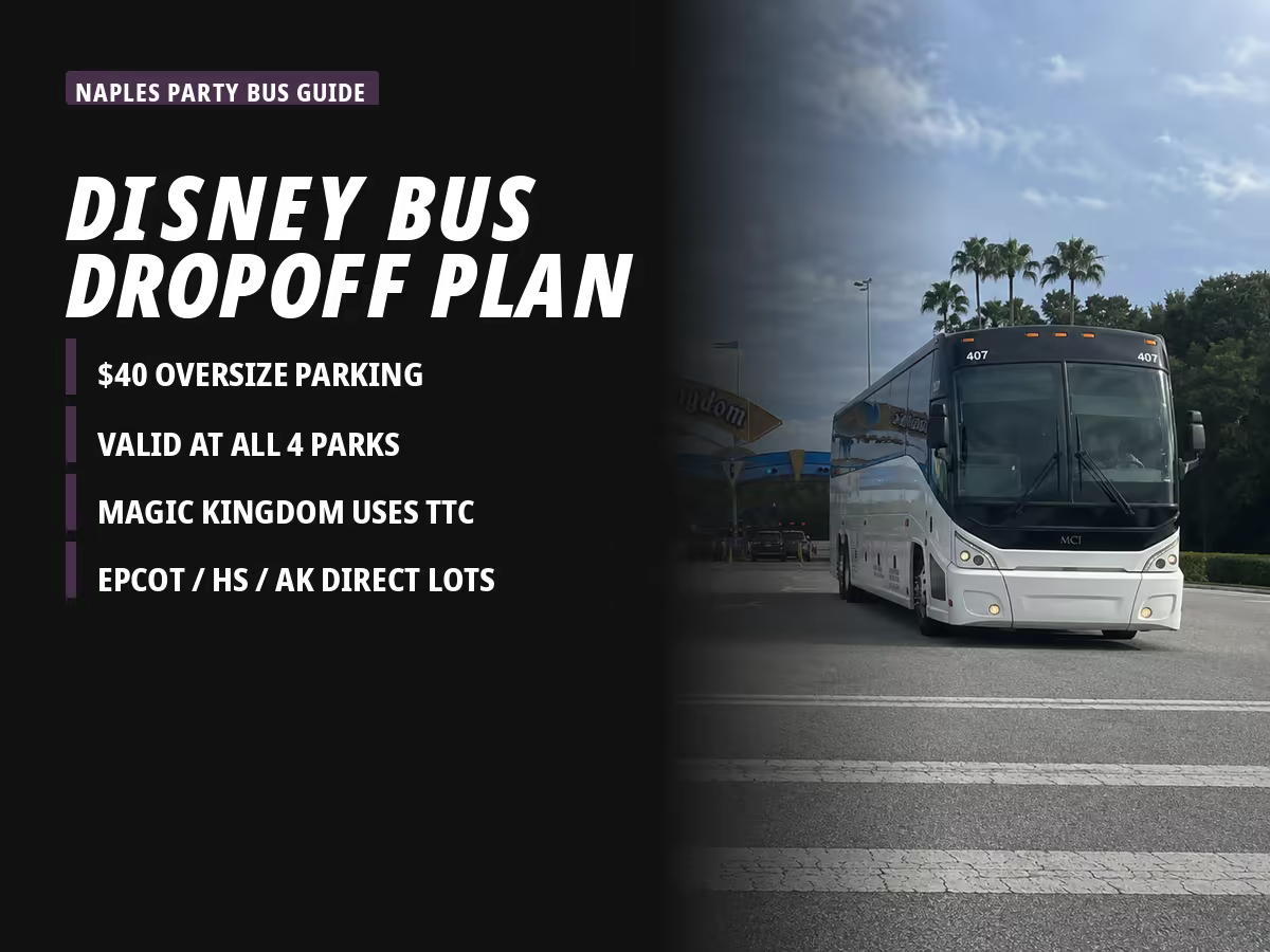 Charter bus dropping a group at a Walt Disney World bus loading and unloading zone