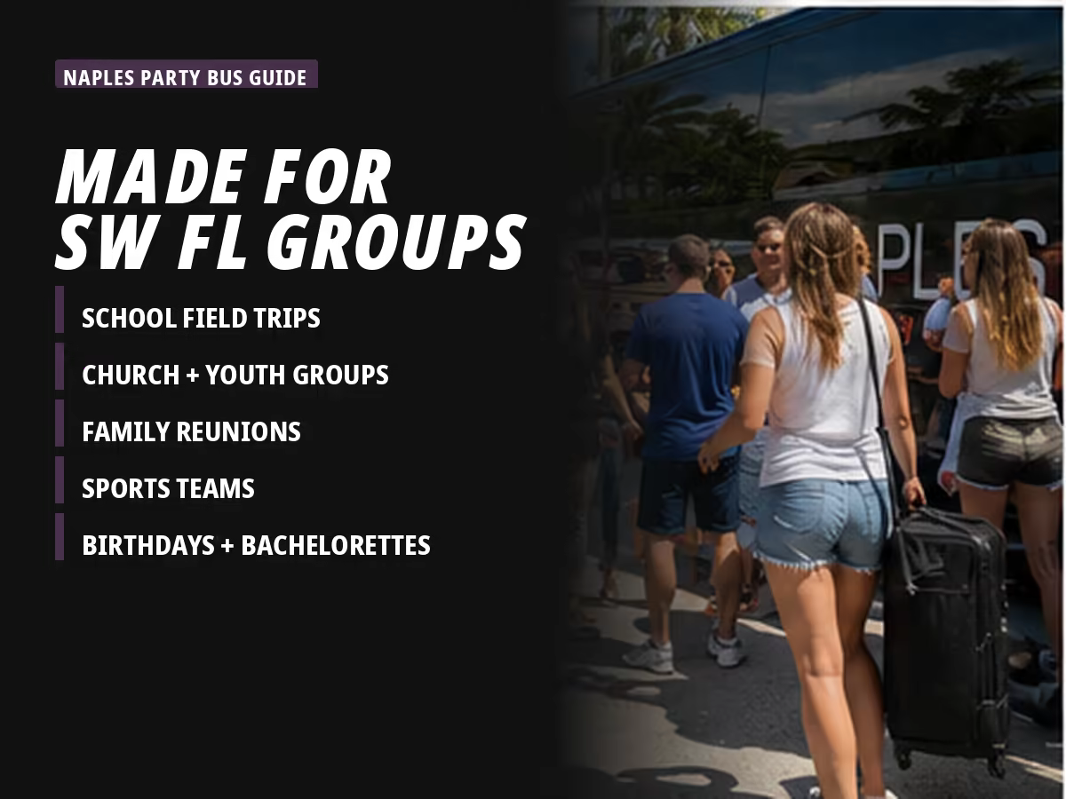 Group of friends and family boarding a charter bus for a Disney World trip from Southwest Florida