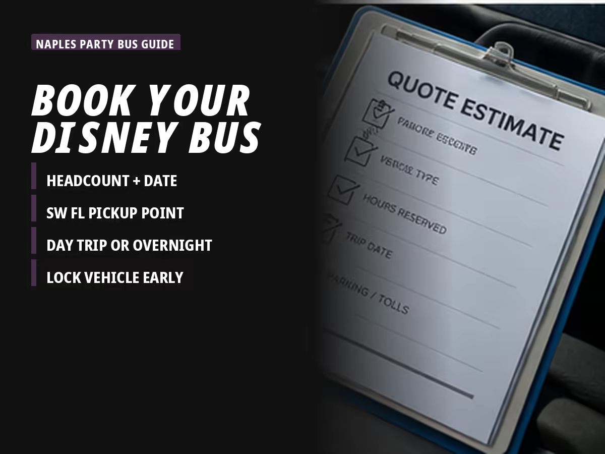 Step-by-step illustration of how to book a charter bus to Disney World
