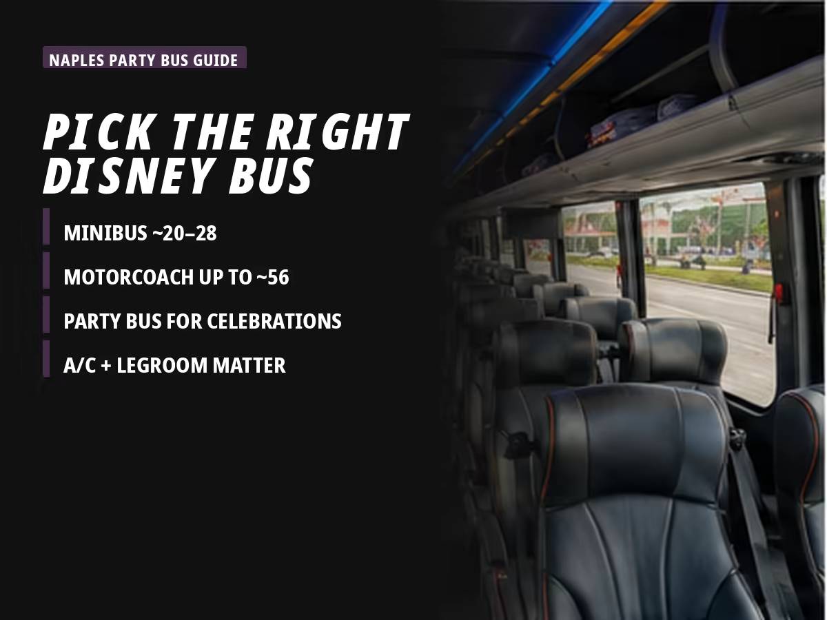 Lineup of a Sprinter limo, minibus, and motorcoach for choosing the right bus to Disney World
