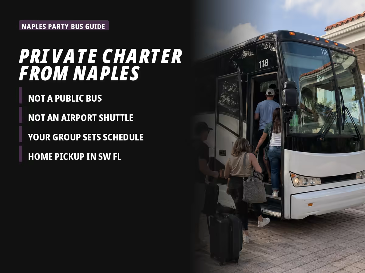Black charter bus at a Naples curb illustrating a private charter to Disney World from your own pickup point