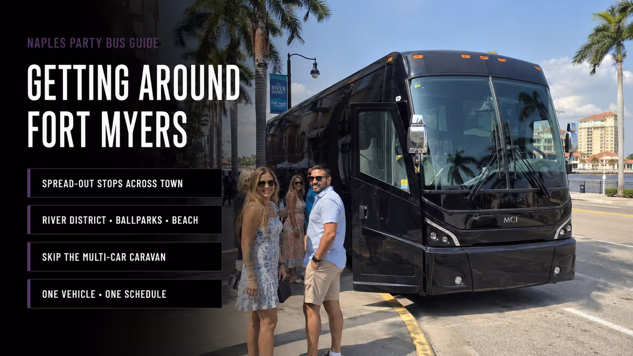Group boarding a party bus to get around Fort Myers together