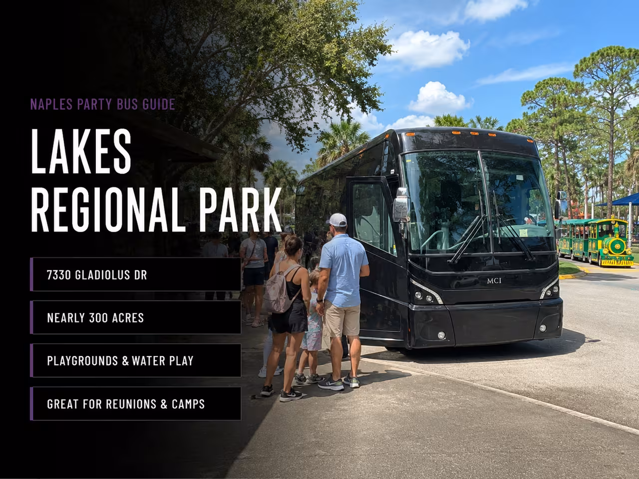 Group unloading from a bus at Lakes Regional Park in Fort Myers