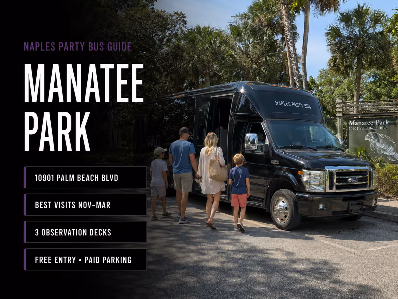 Group arriving by bus at Manatee Park in Fort Myers