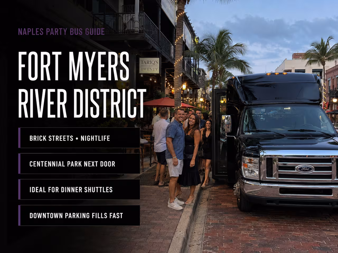 Bus dropping a group in the historic Fort Myers River District downtown