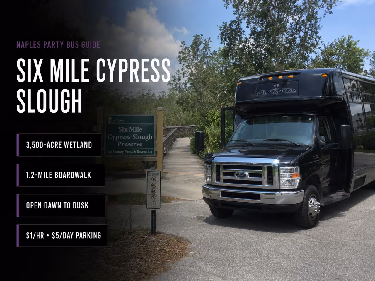 Bus parked near the boardwalk entrance to Six Mile Cypress Slough Preserve