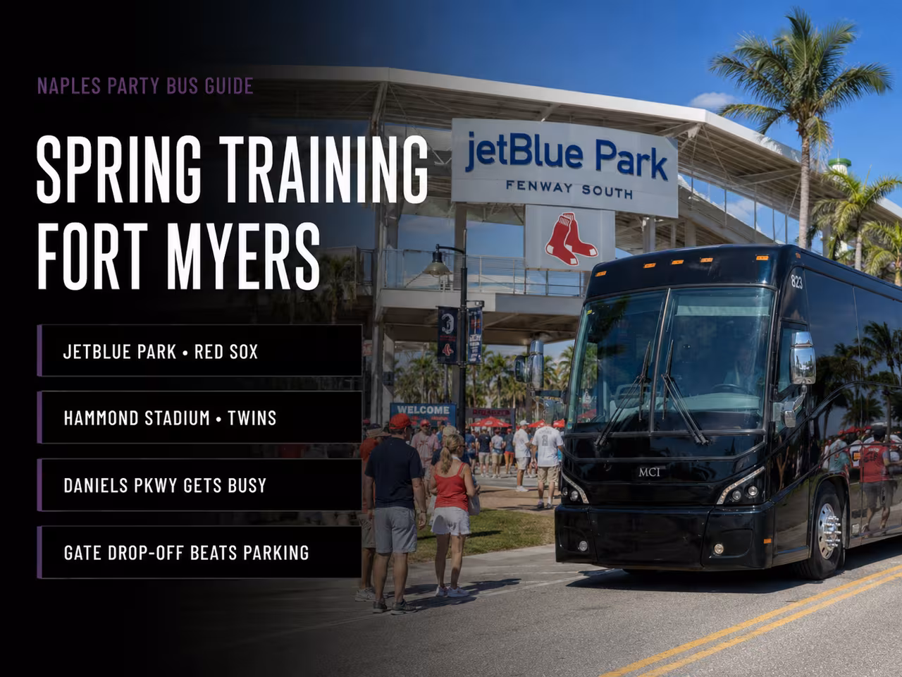 Fans arriving by bus for spring training baseball in Fort Myers
