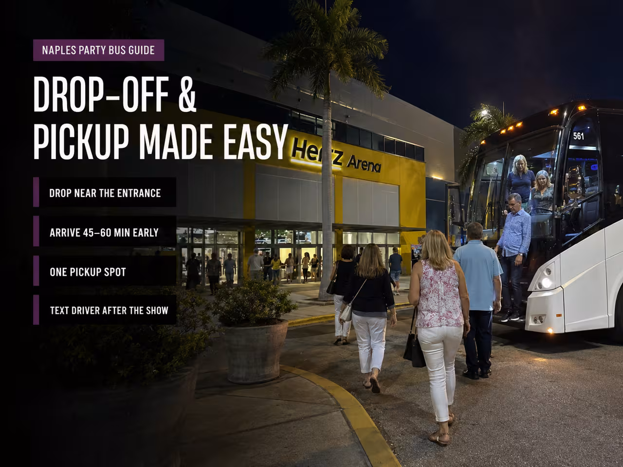 Passengers being dropped off near the Hertz Arena entrance in the evening