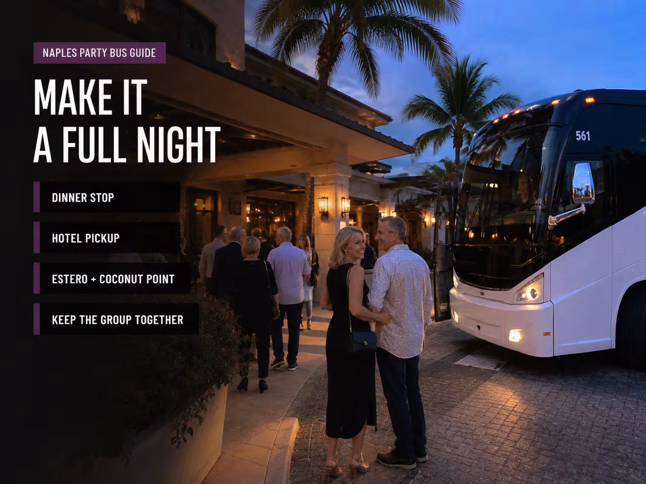 Group boarding a party bus in the evening to continue the night after a Hertz Arena event