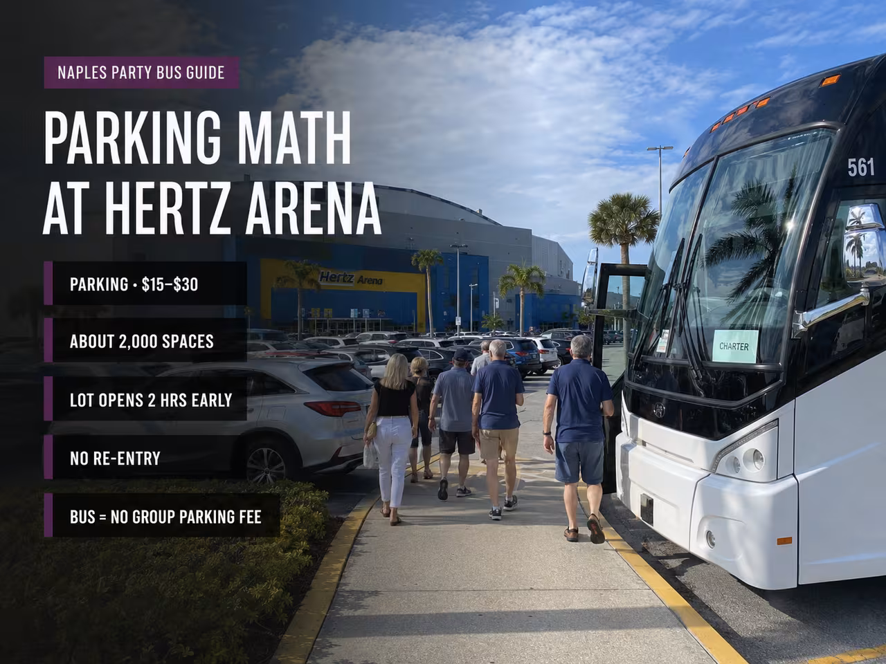 Guests arriving at Hertz Arena past the parking lots after a group bus drop-off