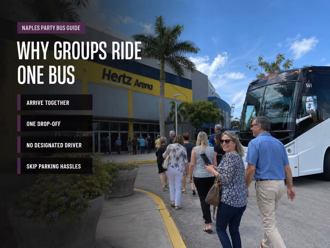 Group walking together from a charter bus toward the Hertz Arena entrance in Estero, Florida