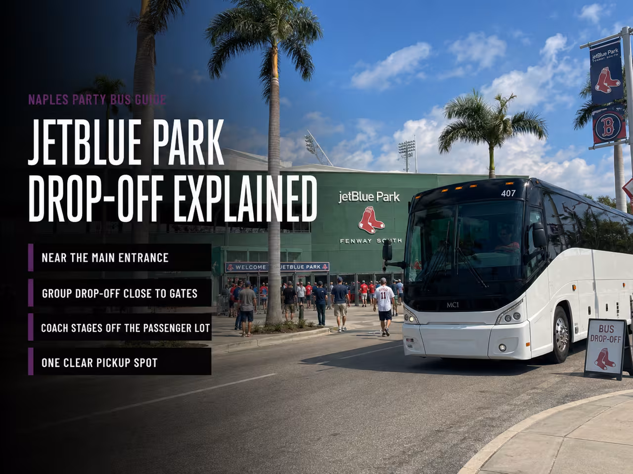 Bus dropping off a group at JetBlue Park in Fort Myers