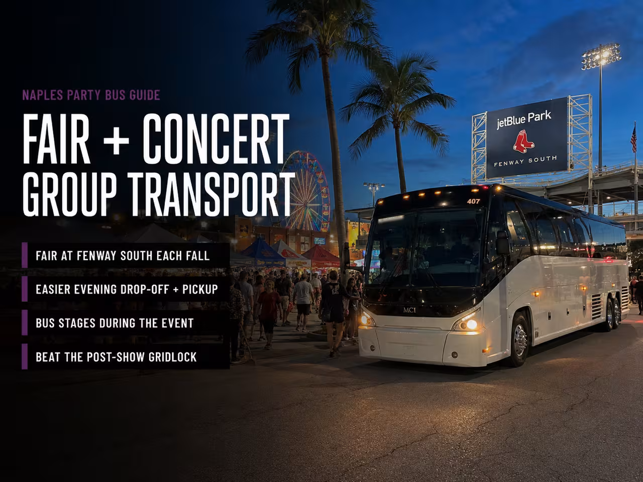Group arriving by bus for an event at Fenway South near JetBlue Park