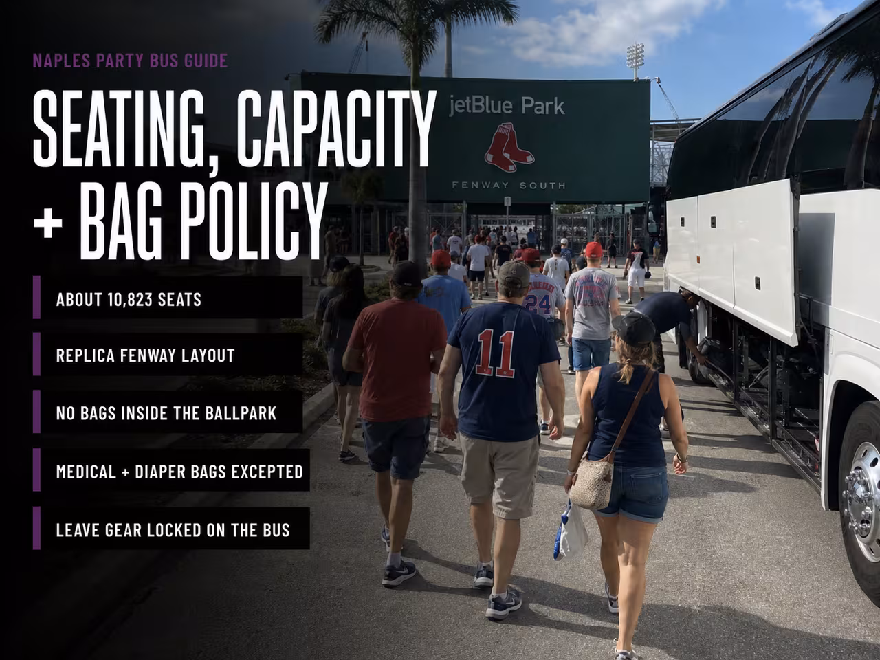Interior seating and luggage space on a bus to JetBlue Park