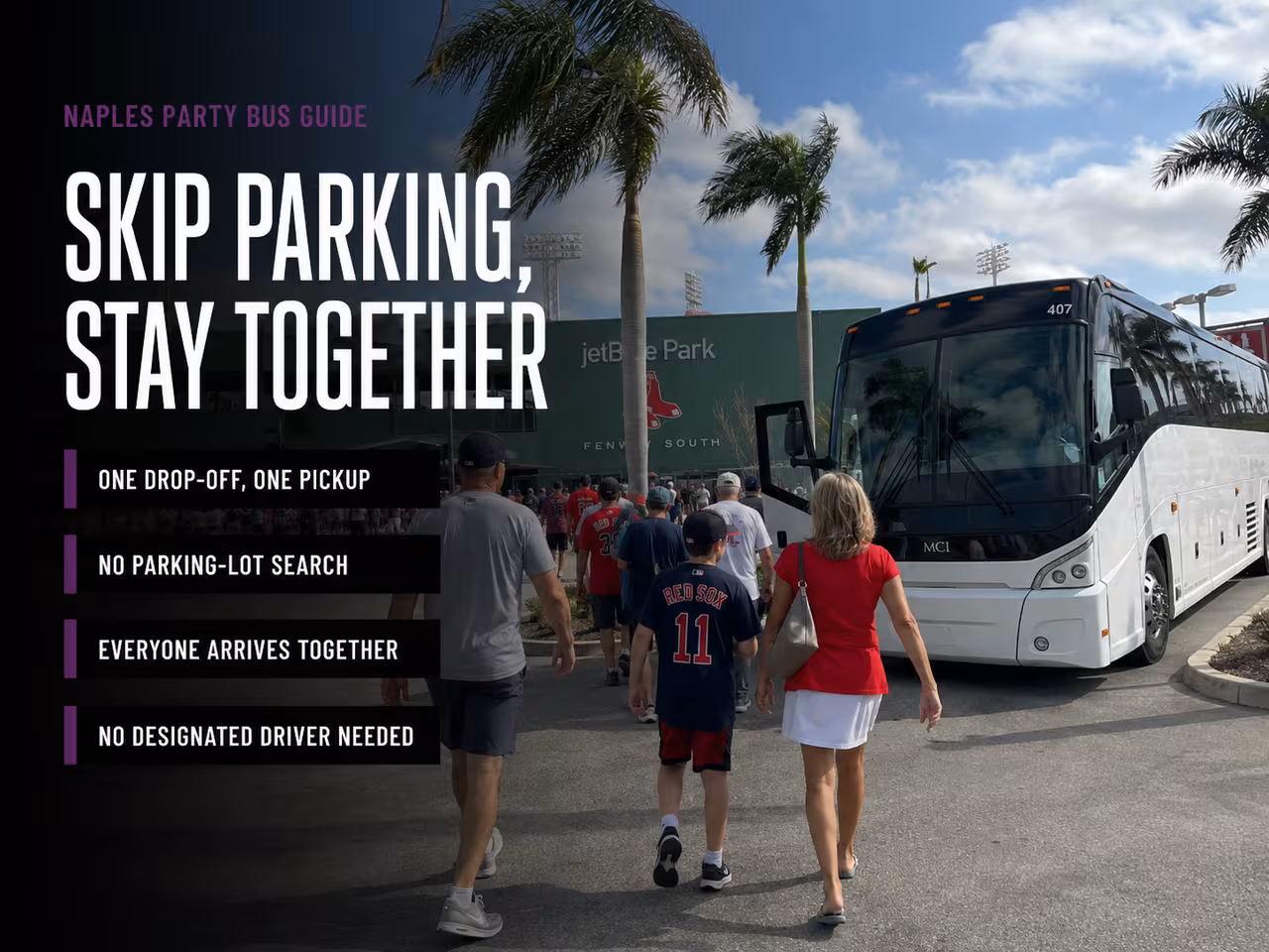 Group staying together by arriving on one bus instead of parking separately at JetBlue Park