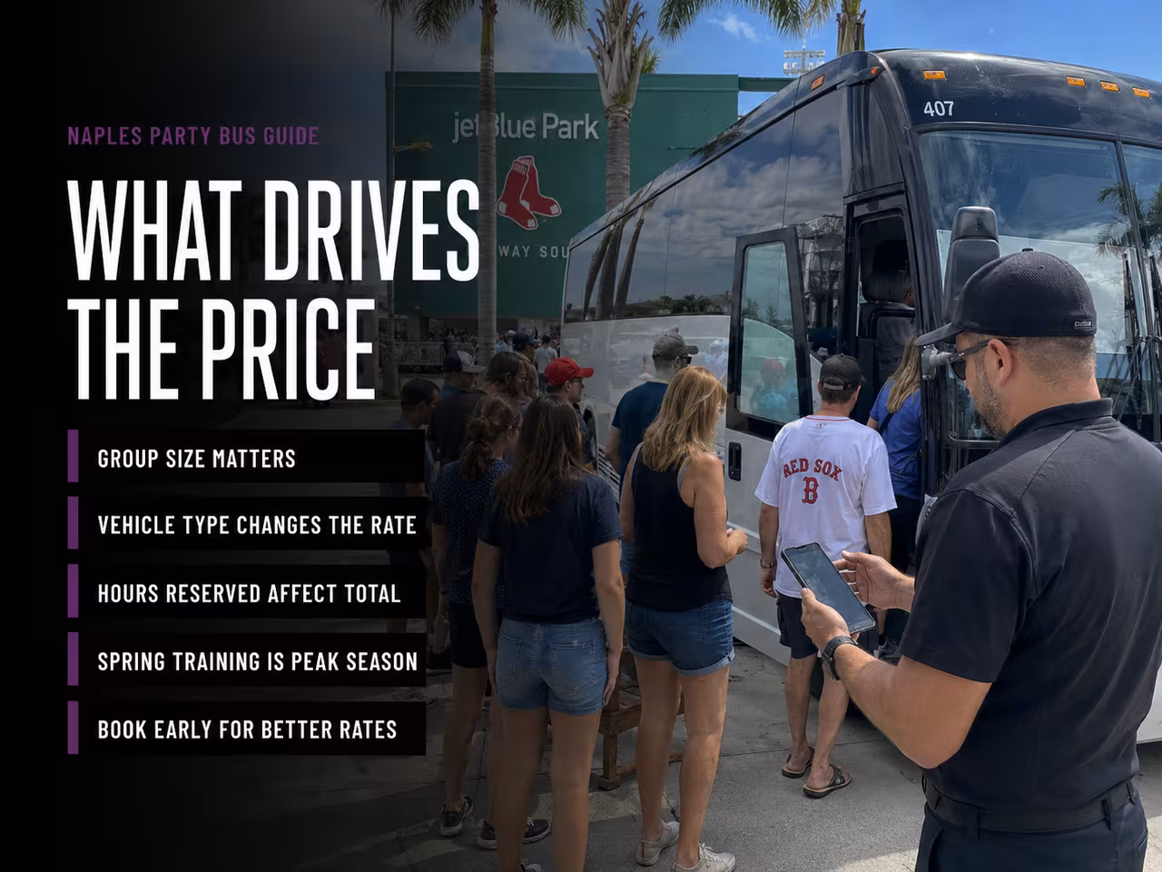 Group loading onto a bus bound for JetBlue Park