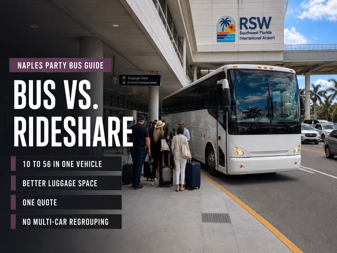 One charter bus carrying a full group instead of several rideshare cars at RSW