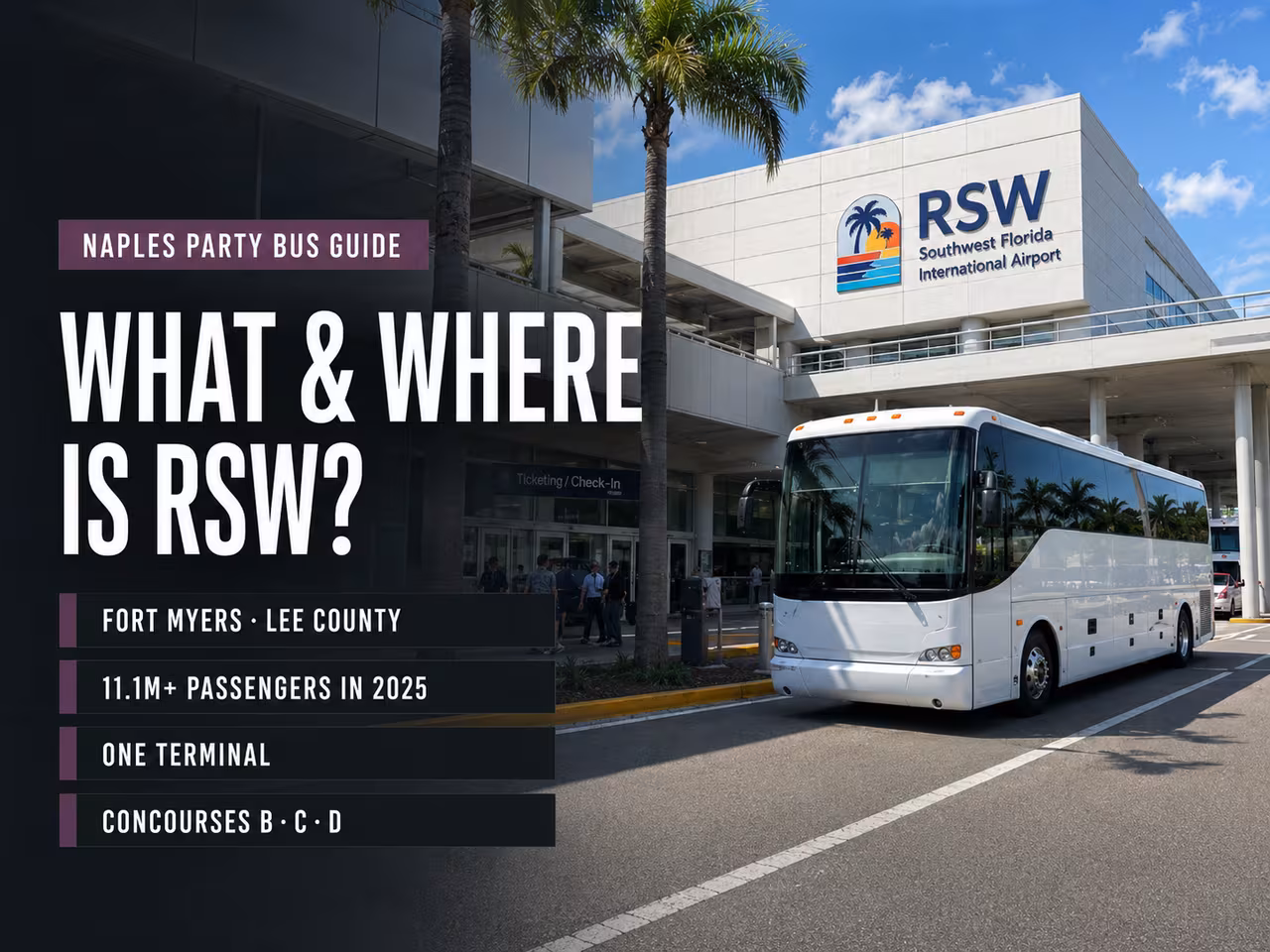 Charter bus and passenger van outside Southwest Florida International Airport (RSW) in Fort Myers