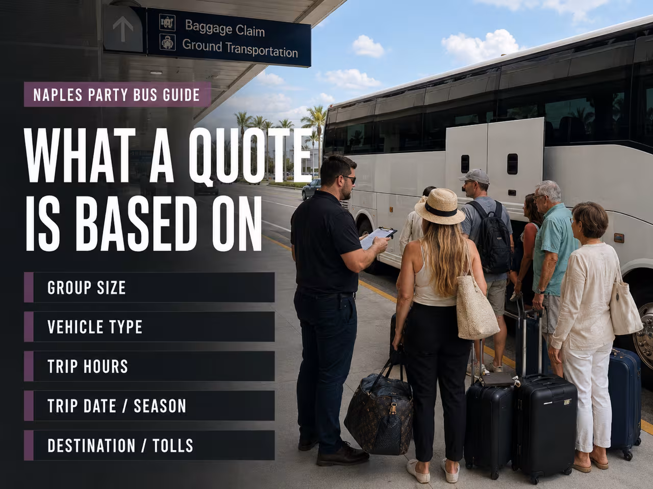 Group loading luggage onto a charter bus at the RSW airport curb