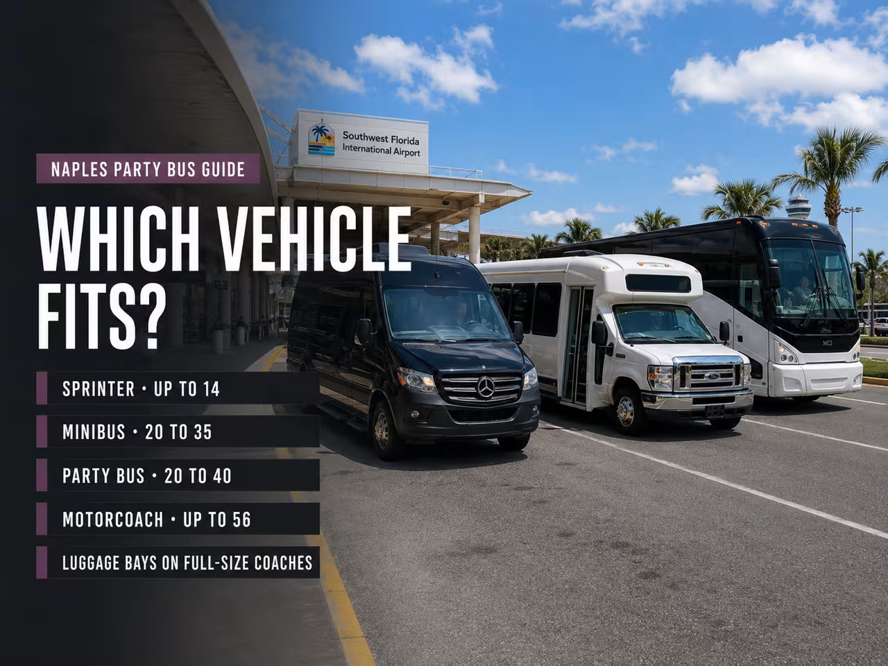 Party buses and shuttle buses sized for different group sizes at RSW