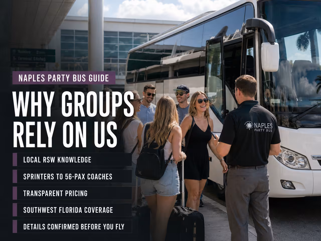 Group gathered together beside their bus at Southwest Florida International Airport
