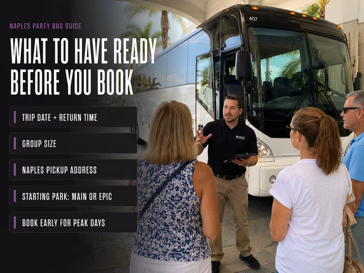 Naples group boarding their booked charter bus for Universal Orlando at dusk