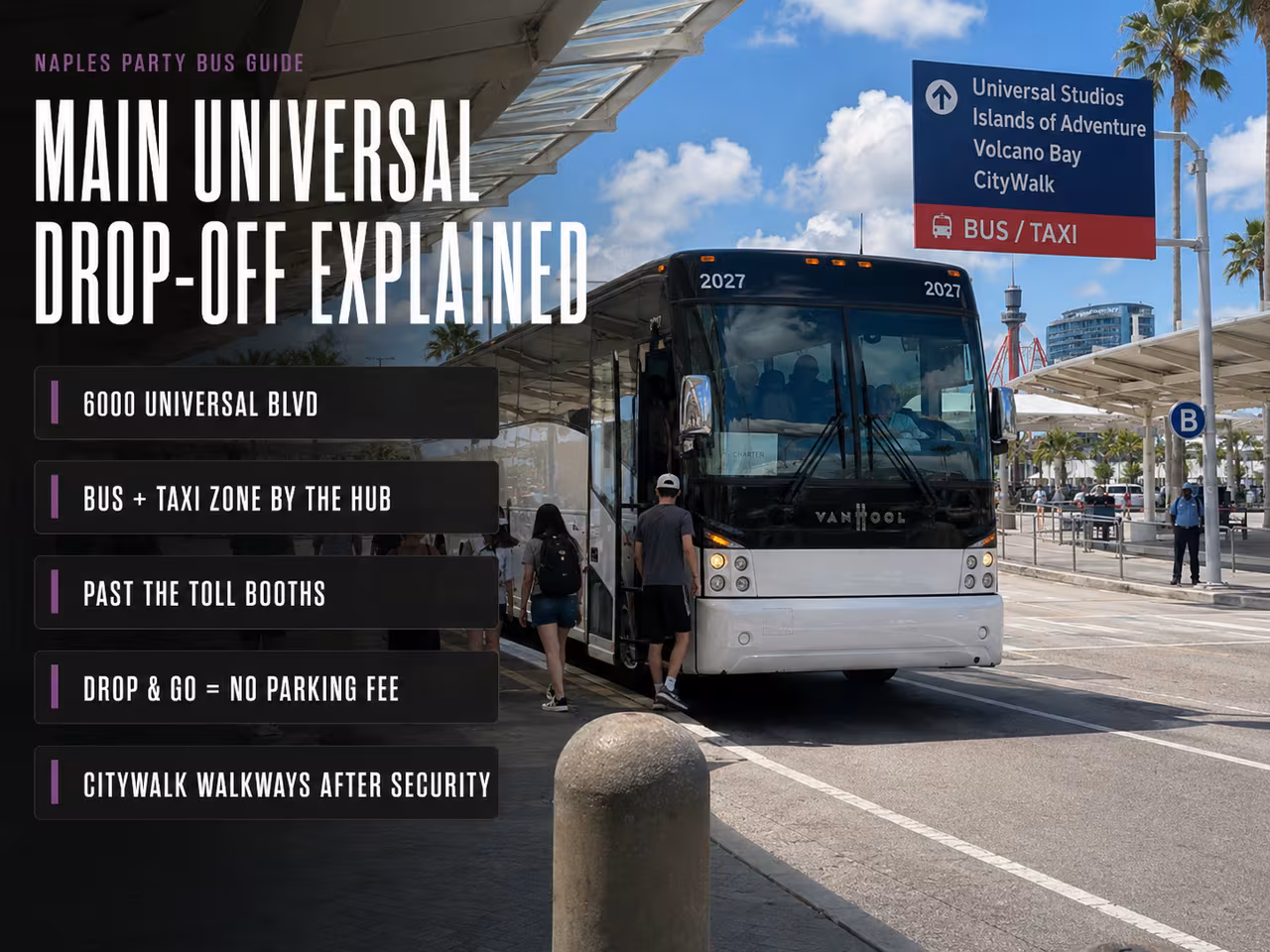 Charter bus drop-off near the Universal Orlando parking hub