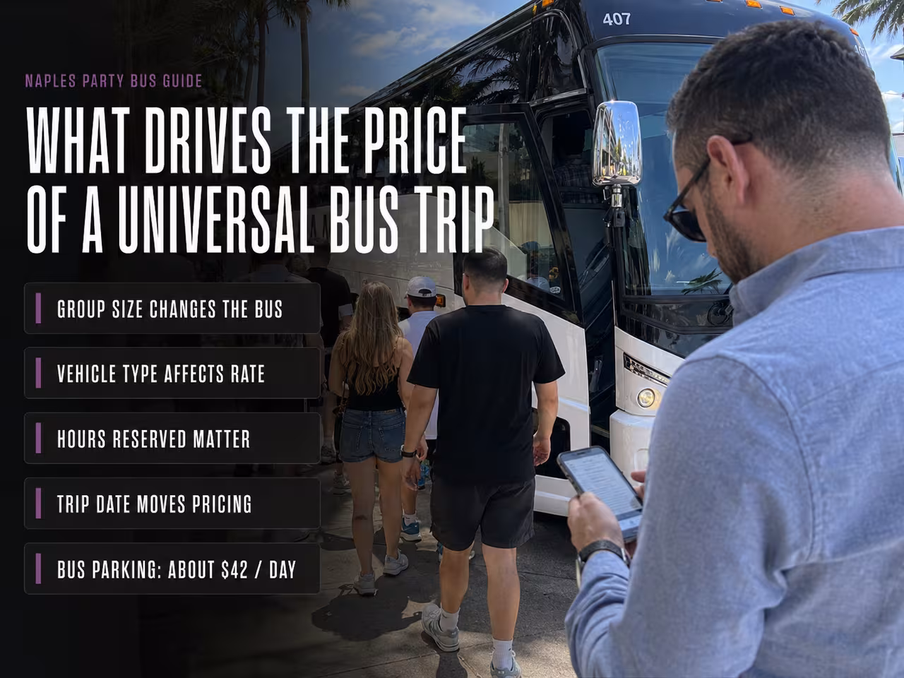 Group beside a charter bus discussing a Universal Orlando trip quote