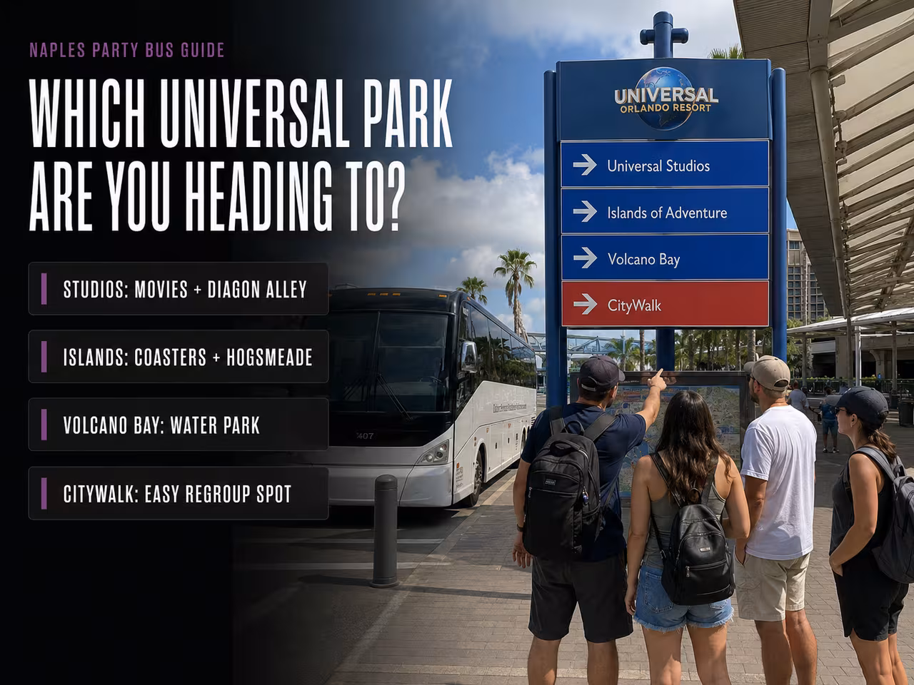 Universal Orlando park entrance with a group arriving by bus