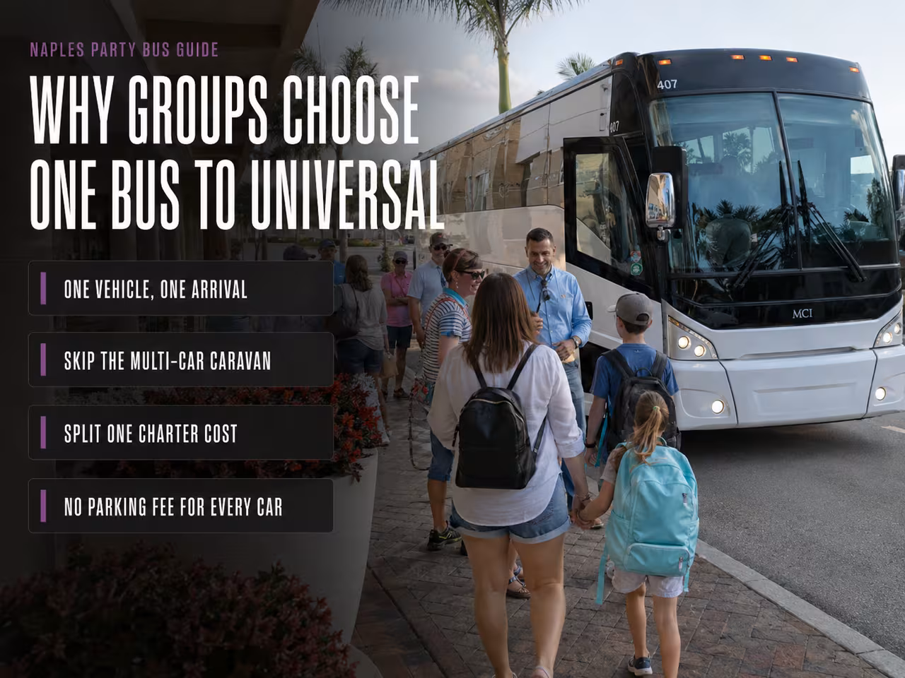 Group boarding a single charter bus instead of driving separately to Universal Orlando
