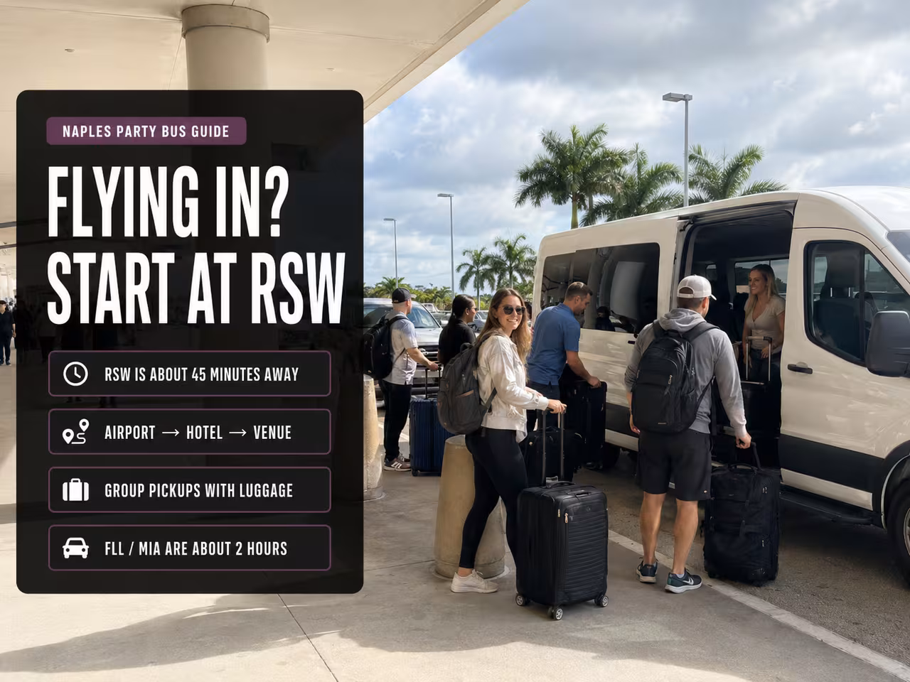 Travelers with luggage boarding a shuttle from RSW airport