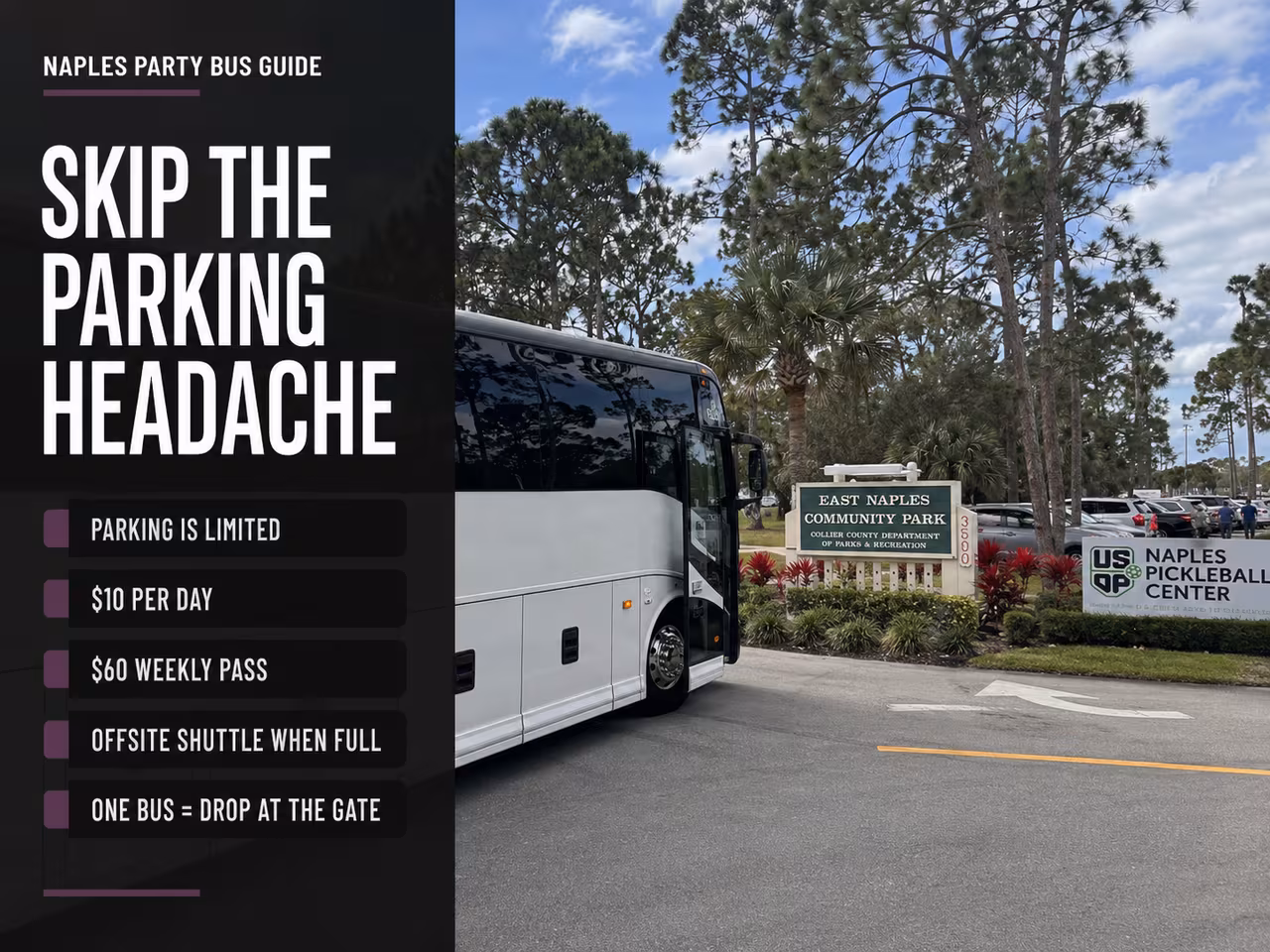Charter bus dropping off a group to skip the parking lottery at the US Open Pickleball Championships
