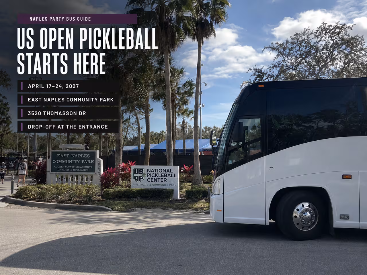Charter bus arriving at East Naples Community Park for the US Open Pickleball Championships