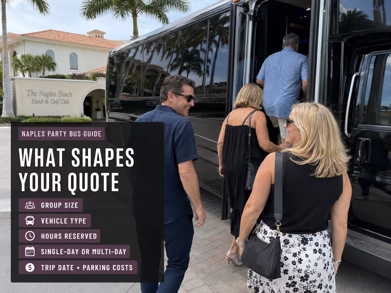 Group beside a charter bus reviewing their pickleball trip quote