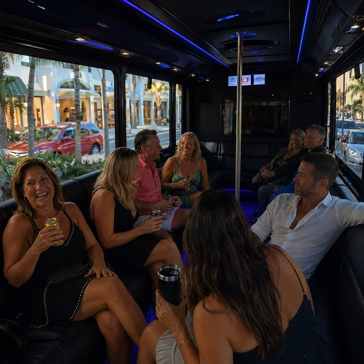 Wraparound seating inside a Naples party bus rental