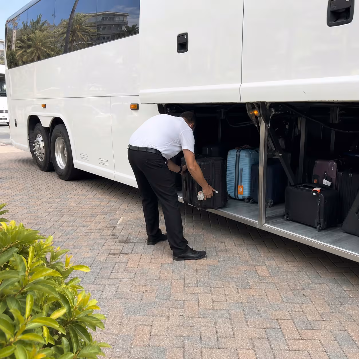 Open under-floor luggage bay of an MCI J4500 motorcoach being loaded for a Naples airport run