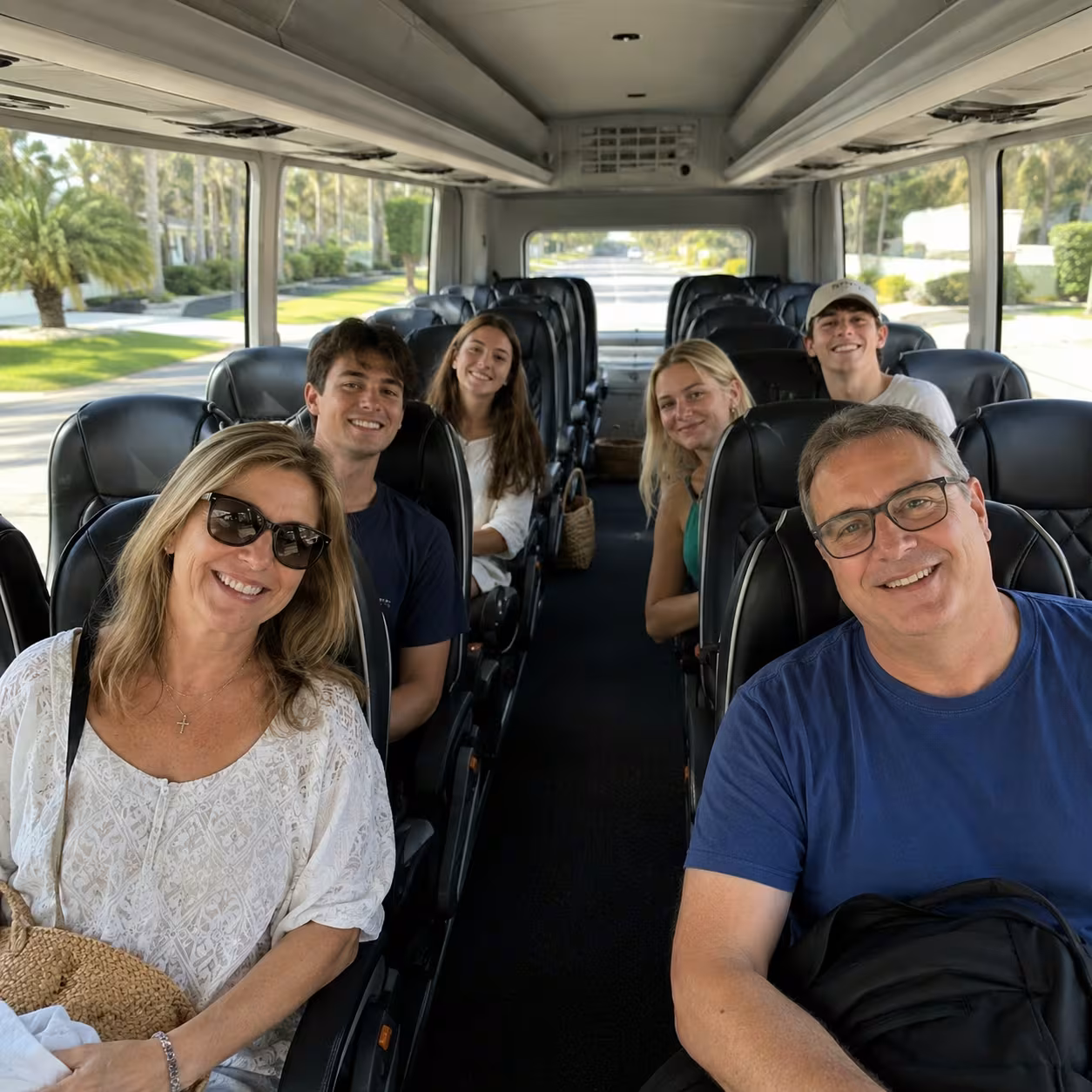 Family with carry-on bags seated in a clean minibus cabin heading to a Southwest Florida airport