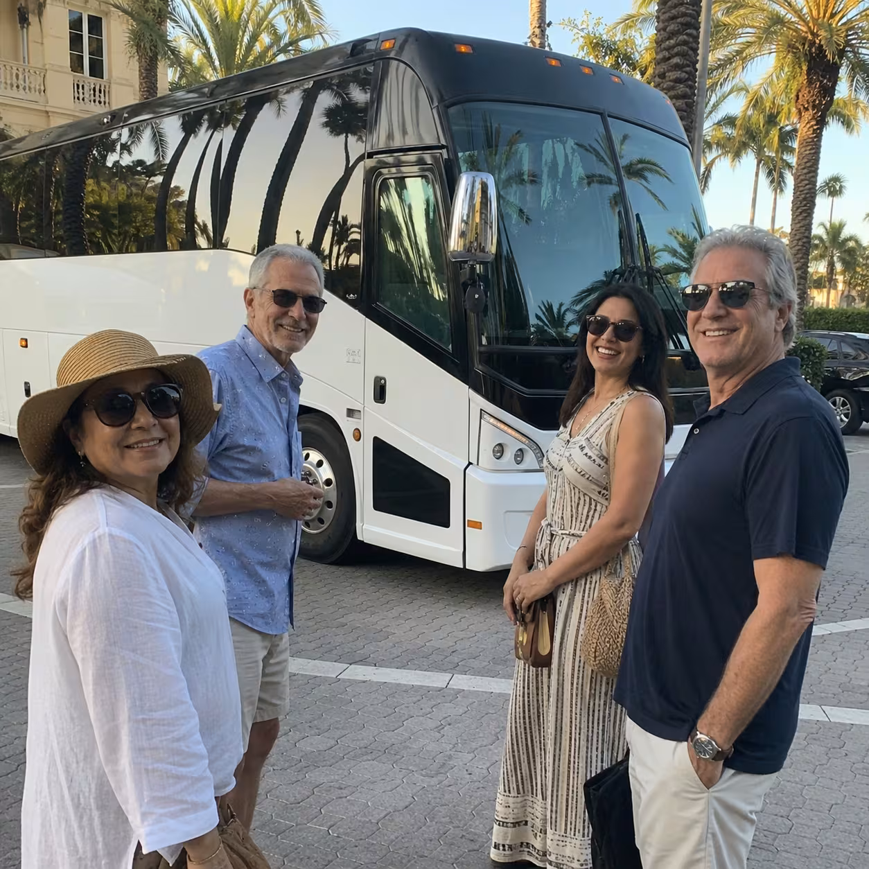 Black MCI J4500 motorcoach parked at the curb for an airport group transfer in Naples, Florida