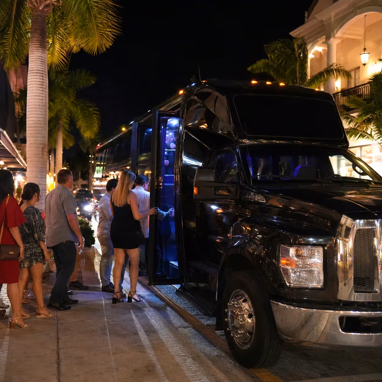 Late-night party bus pickup near a Fifth Avenue South restaurant district in Naples