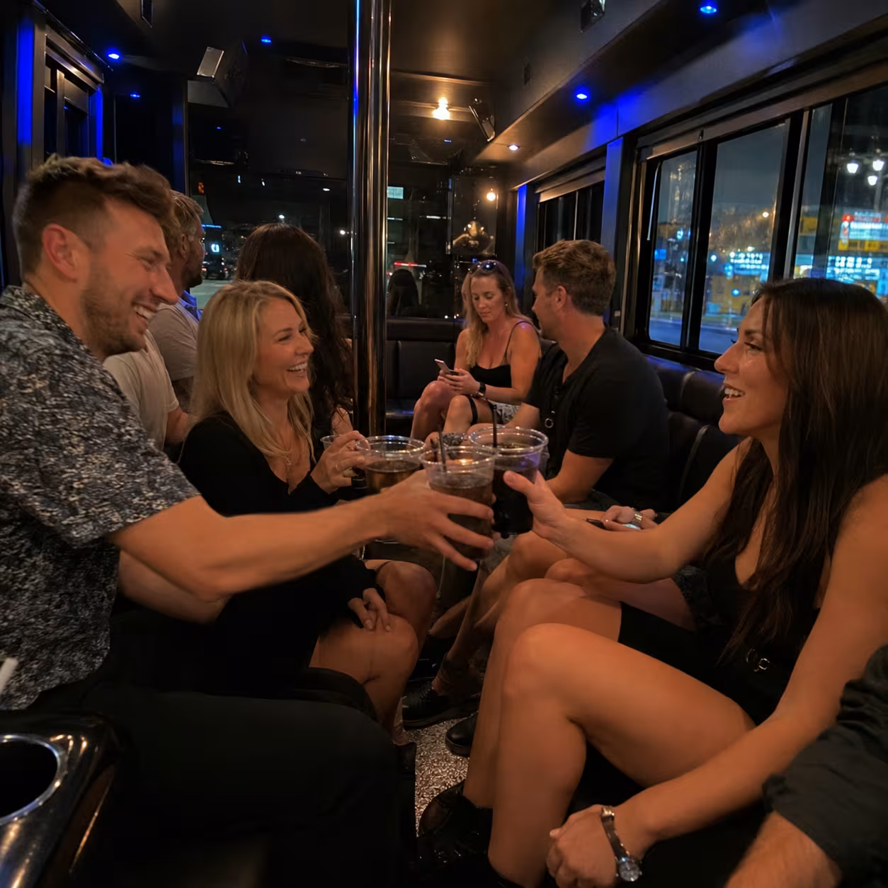 Passengers enjoying a party bus interior on the way to a concert in Naples, Florida