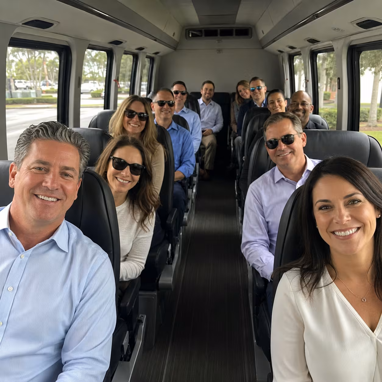 Conference attendees seated in a minibus for corporate group transportation in Naples, Florida