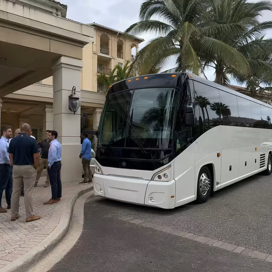 MCI J4500 motorcoach parked outside a Naples conference hotel for corporate event transportation