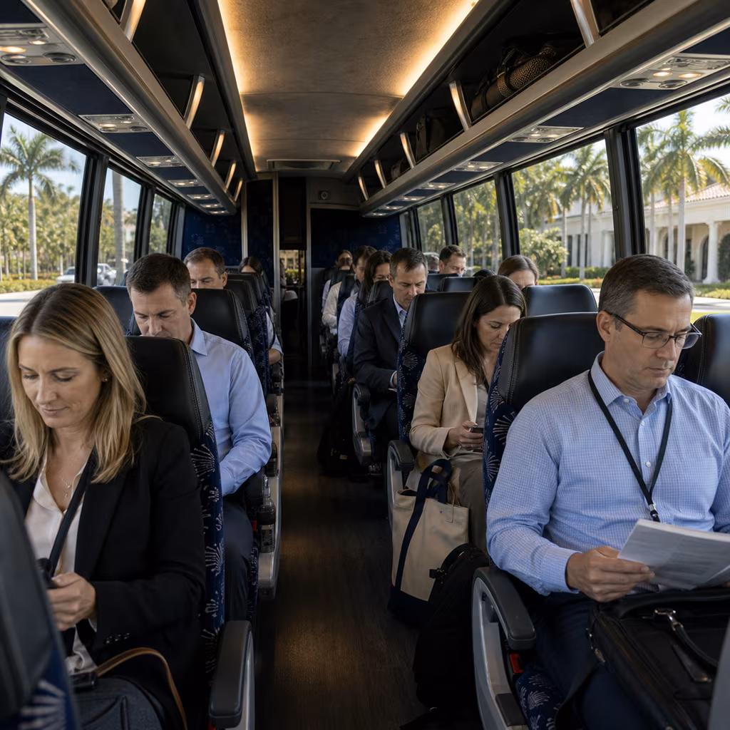 Conference attendees boarding a motorcoach for a corporate event in Naples, Florida