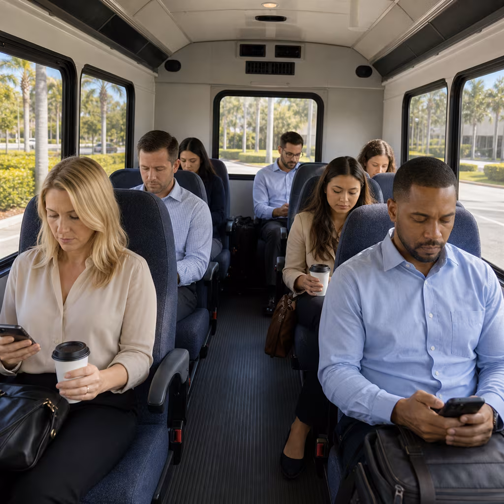 Employees riding a company shuttle for a daily commute in Naples, Florida