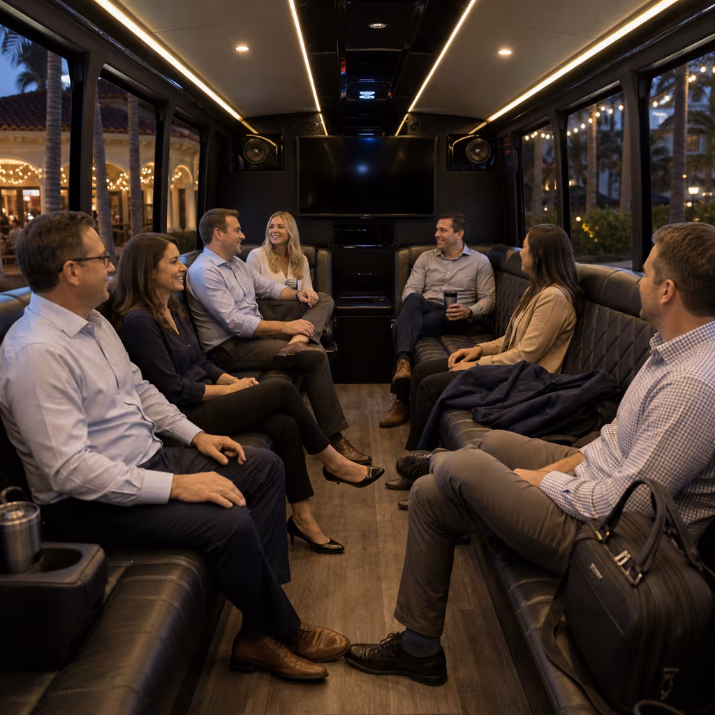 Interior of a limo coach set up for a company outing in Naples, Florida