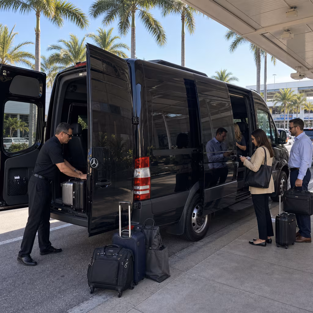 Mercedes Sprinter van loaded with luggage for an RSW airport corporate transfer in Southwest Florida