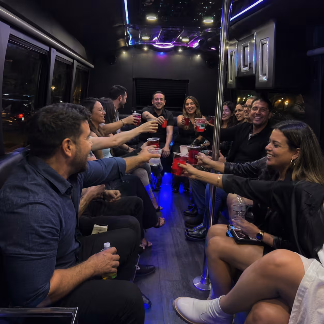 Party bus wraparound interior for a Naples group outing