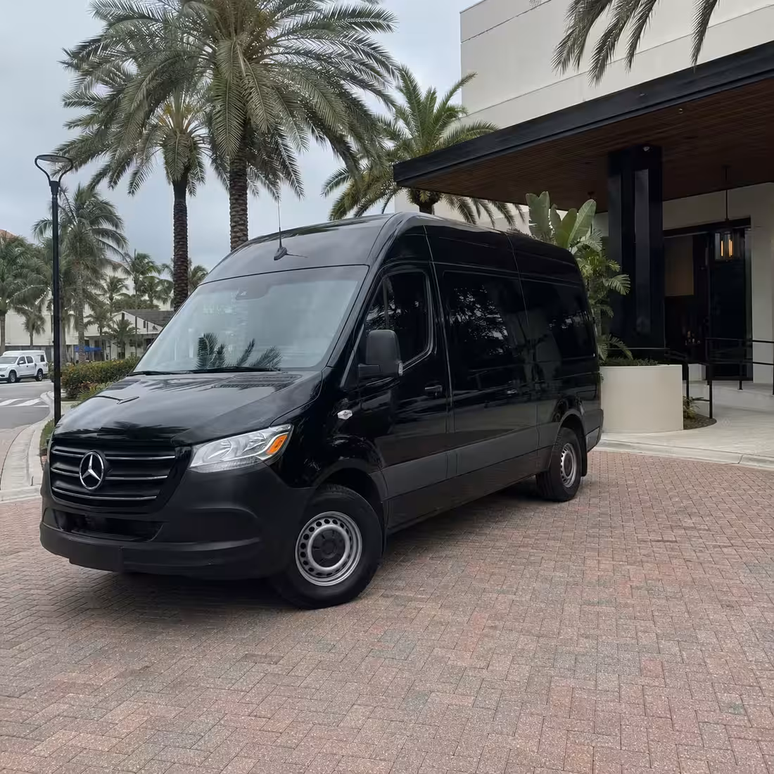 Sprinter van arriving at a restaurant for a Naples private event