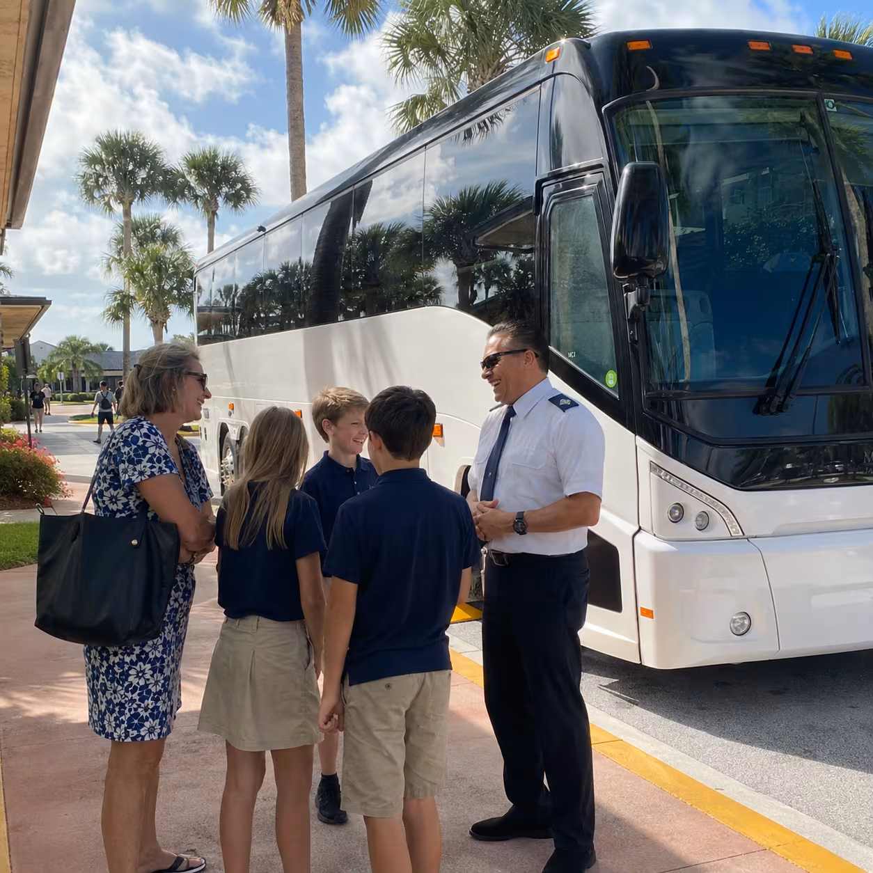 Driver greeting a teacher beside an MCI J4500 motorcoach for a Naples school event