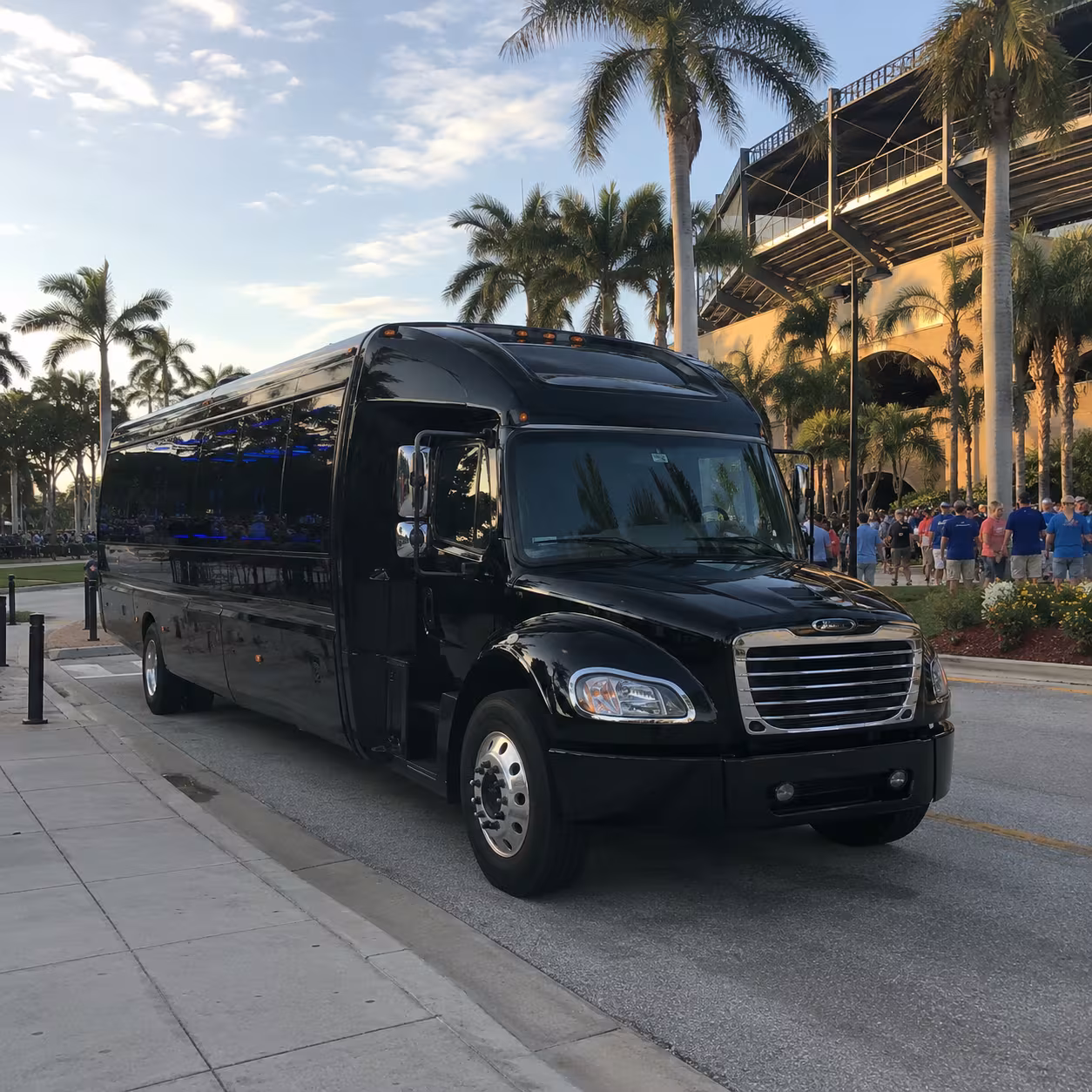 Party bus arriving at a sports venue in Naples, Florida
